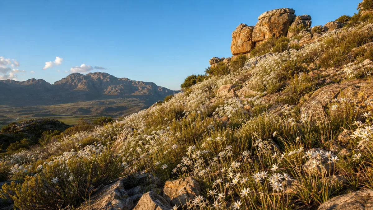 a sunlit rocky hillside in South Africa covered with delicate white wildflowers,…