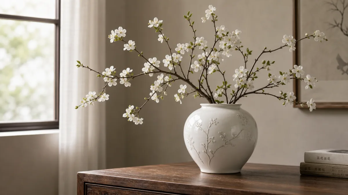an elegant white ceramic pot with delicate branching white flowers on a…