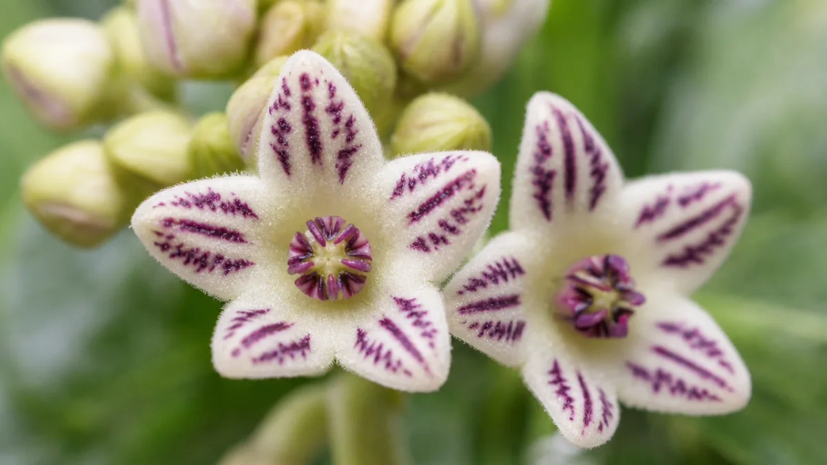 a close-up macro photograph of tiny cream-colored star-shaped flowers with purple markings,…