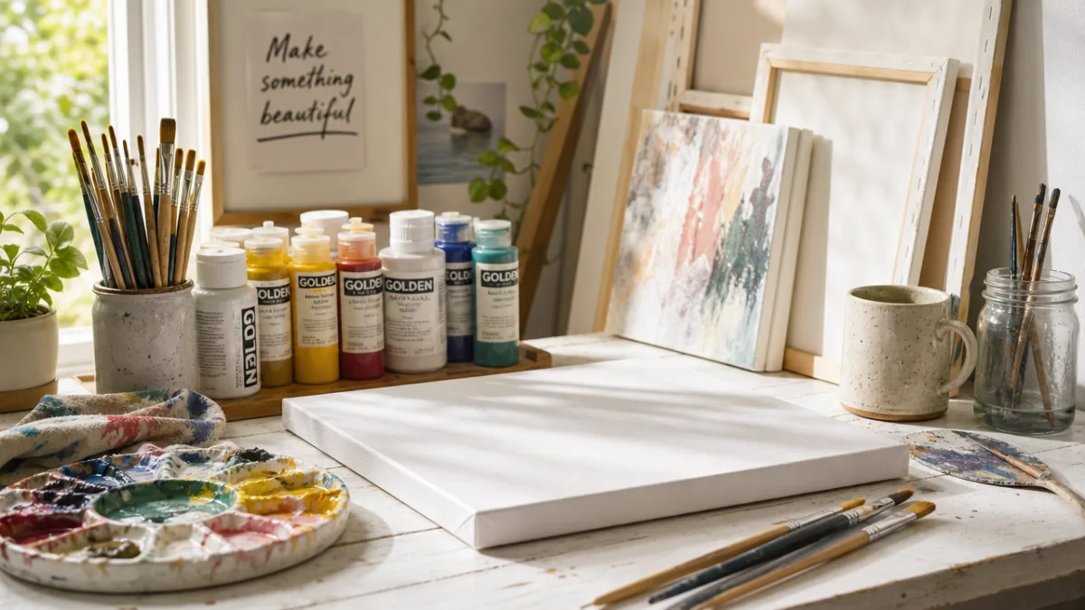 a bright artist's workspace with stretched canvases, acrylic paints, and brushes arranged…