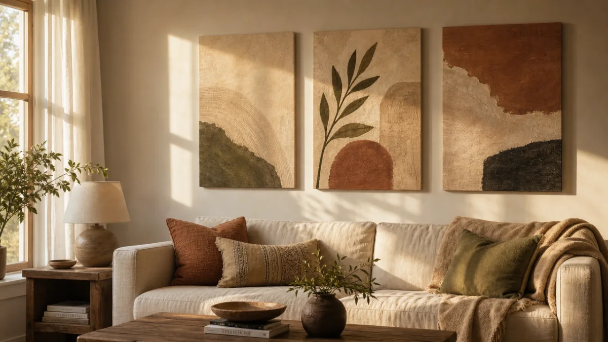 a cozy living room wall featuring three handmade canvas art pieces in…