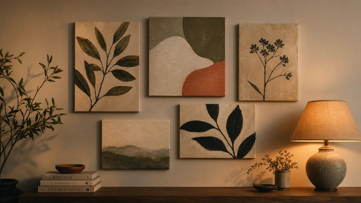 a styled gallery wall with five handmade canvas artworks in botanical and…