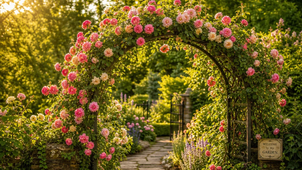 a garden arch trellis covered in blooming roses, warm golden afternoon sunlight,…