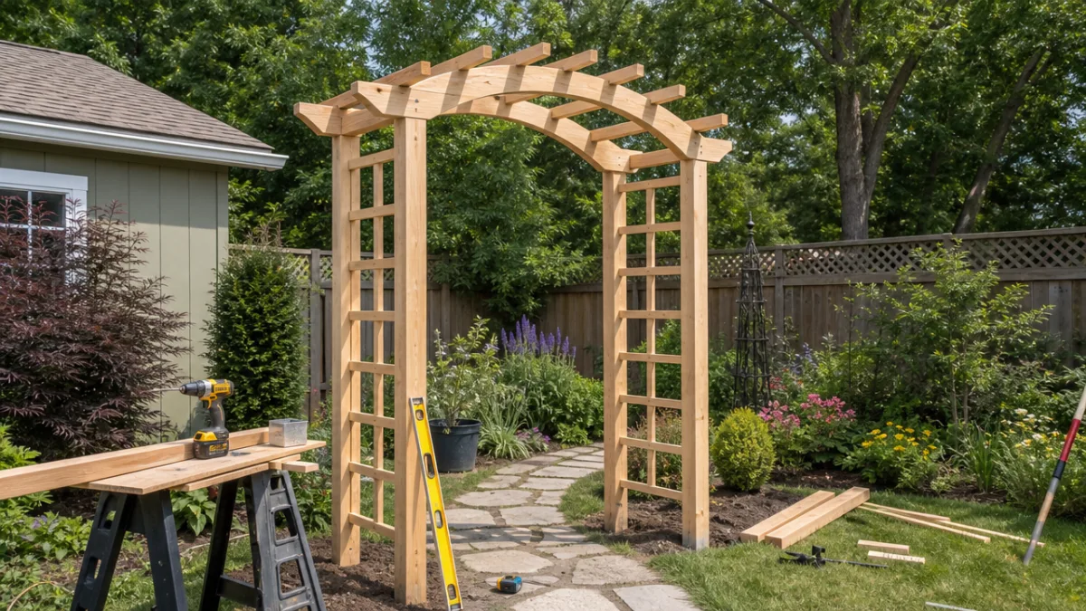 wooden arch trellis under construction in a backyard garden, bright natural daylight,…