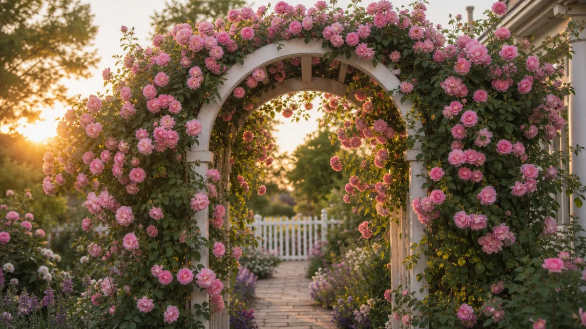 mature climbing roses covering a white arch trellis in full bloom, soft…