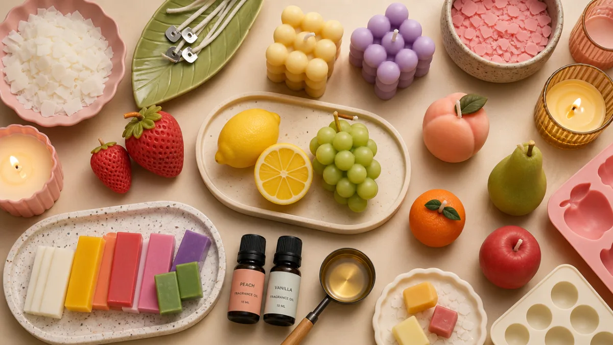 a flat lay of colorful wax candle making materials and sculpted fruit…