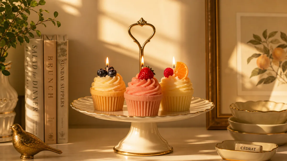an elegant kitchen shelf displaying three fruit cupcake candles on a tiered…