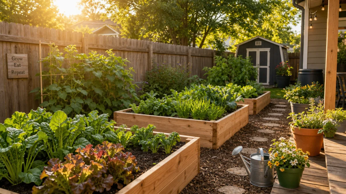 a sunlit backyard with freshly built wooden raised garden beds, warm golden…