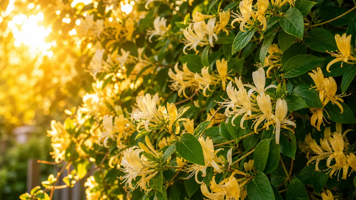 a lush honeysuckle vine in full bloom with soft golden afternoon light…