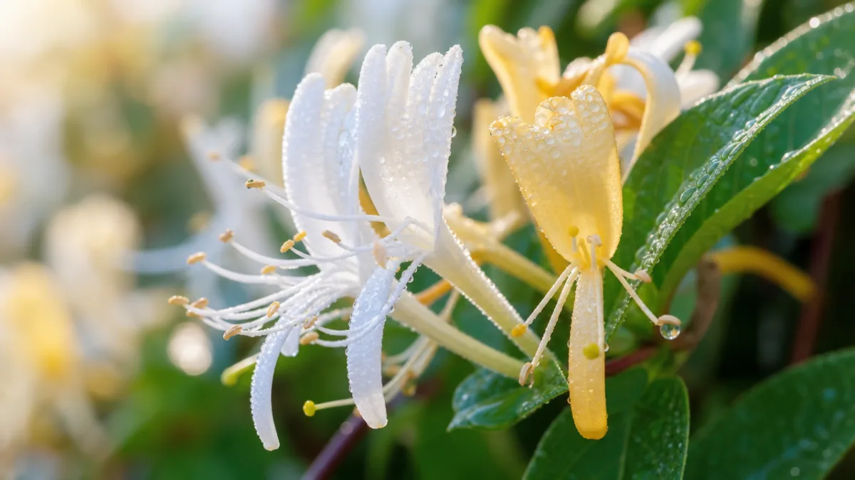 a close-up of honeysuckle flowers with dewdrops on petals, soft morning light…