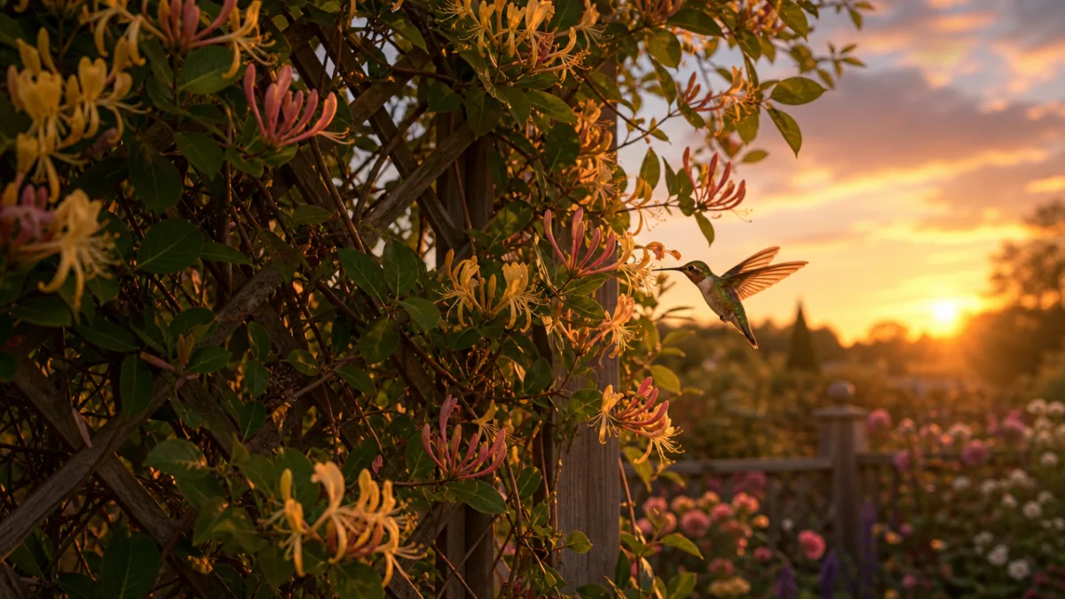 a garden trellis covered in honeysuckle with visiting hummingbird, warm dusk light…