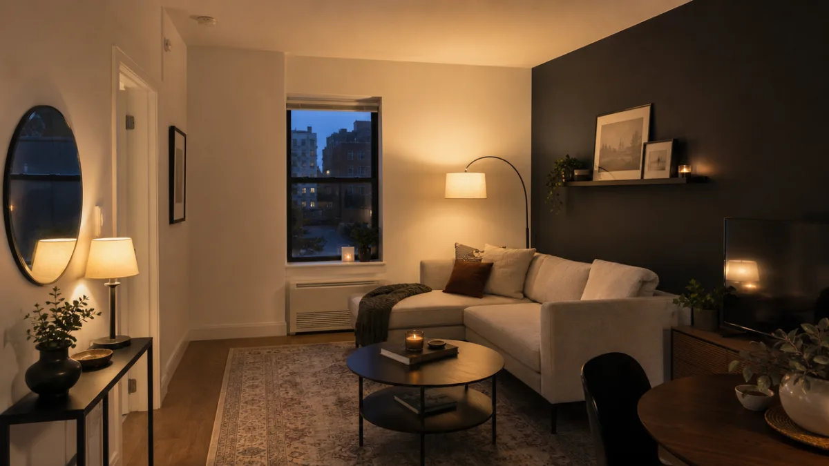 a small apartment living room freshly painted in warm white with a…