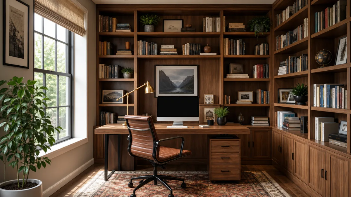 a compact home office with floor-to-ceiling shelving, warm wood tones, and bright…