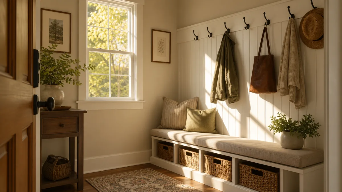 a tidy small entryway with hooks, a storage bench, and warm afternoon…