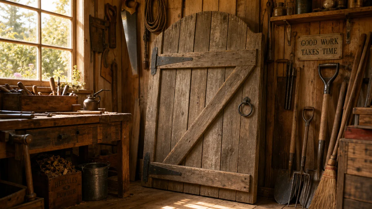 a rustic wooden garden gate leaning against a workshop wall surrounded by…