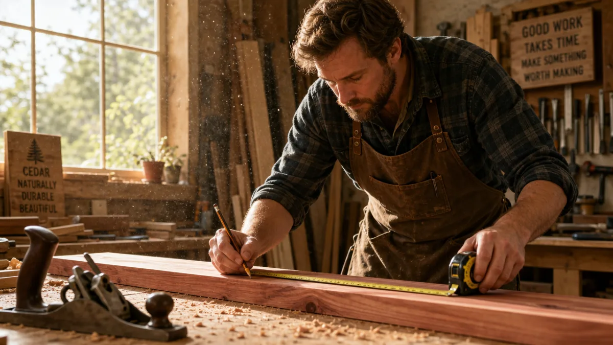 a craftsman in a sunlit woodworking shop carefully measuring a cedar plank…