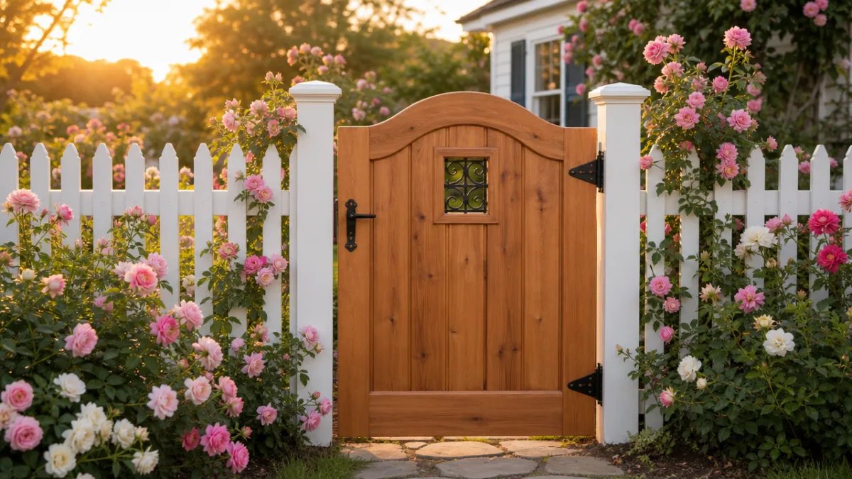 a beautifully finished cedar garden gate set in a white picket fence…