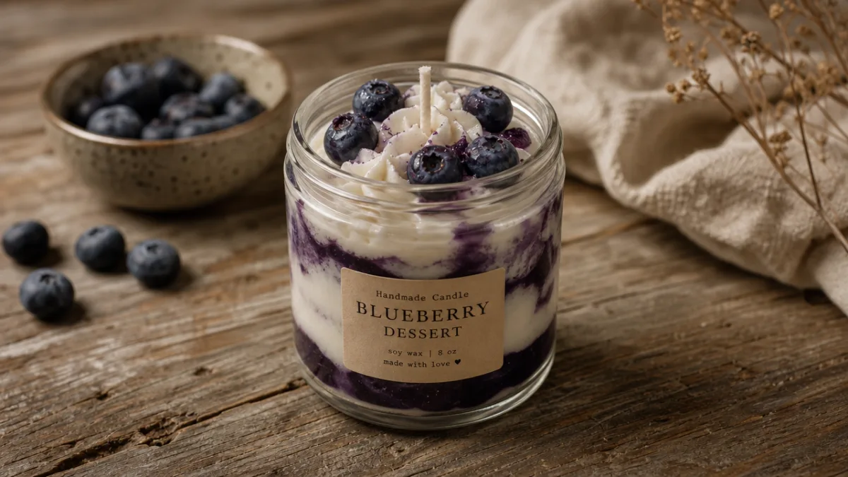 a handmade blueberry dessert candle with whipped cream topping on a rustic…