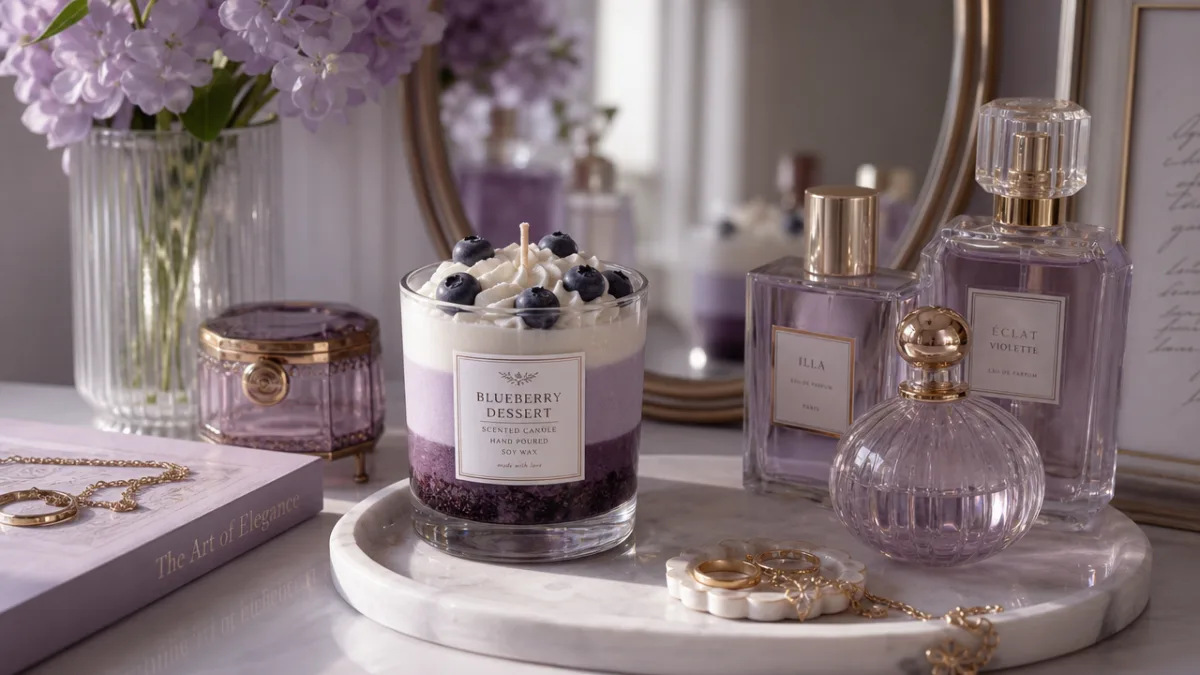 an elegant vanity display with a blueberry dessert candle among perfume bottles,…