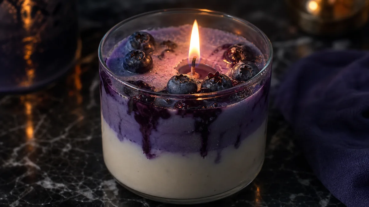 close-up of a blueberry dessert candle burning with a soft flame, moody…