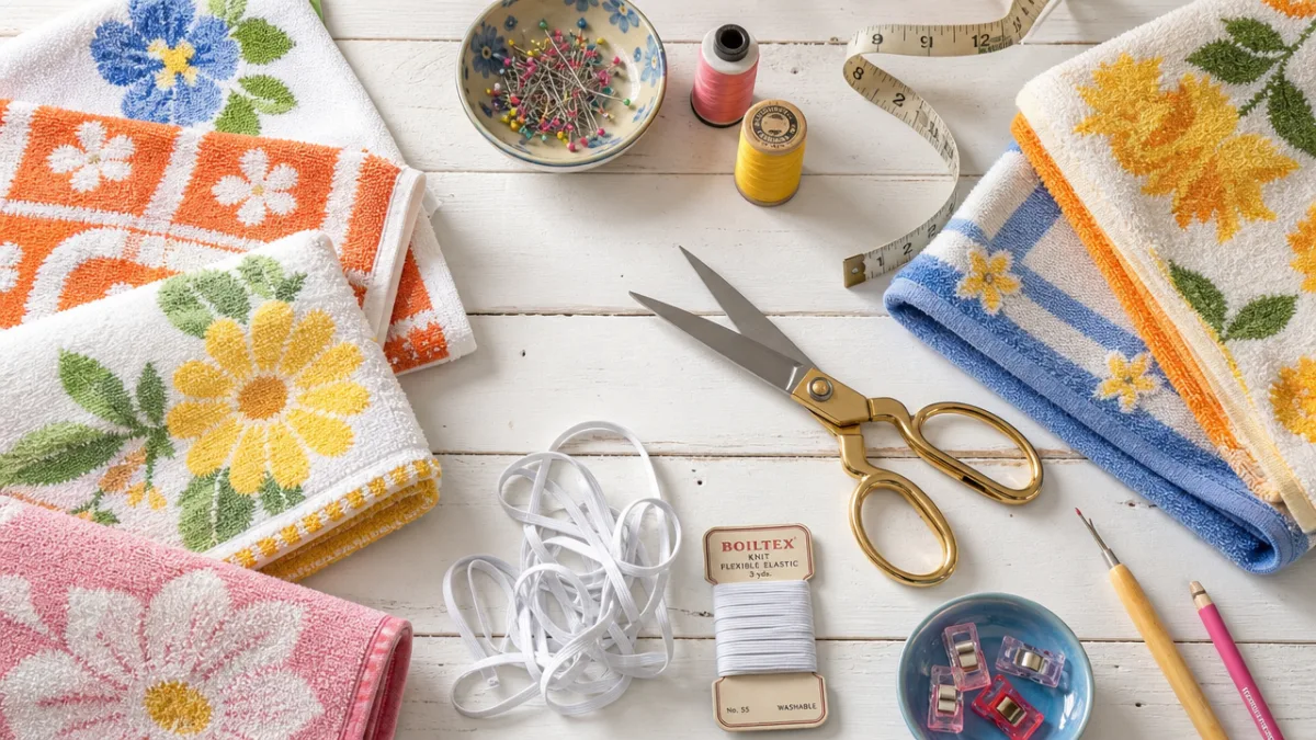 a flat lay of colorful vintage towels, scissors, elastic, and sewing tools…