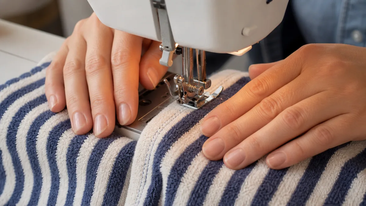 a person's hands guiding striped terry cloth fabric through a sewing machine,…