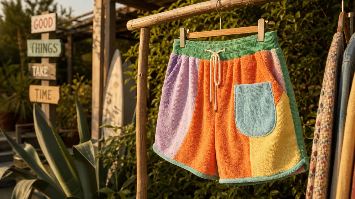 a pair of colorful upcycled terry cloth shorts hanging on a wooden…