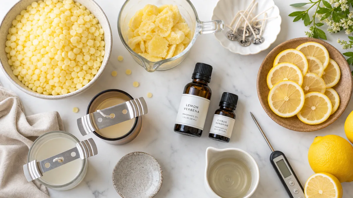 a flat lay of candle making supplies including yellow wax, lemon slices,…