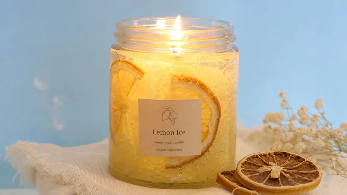 a glowing handmade lemon ice candle in a glass jar with dried…