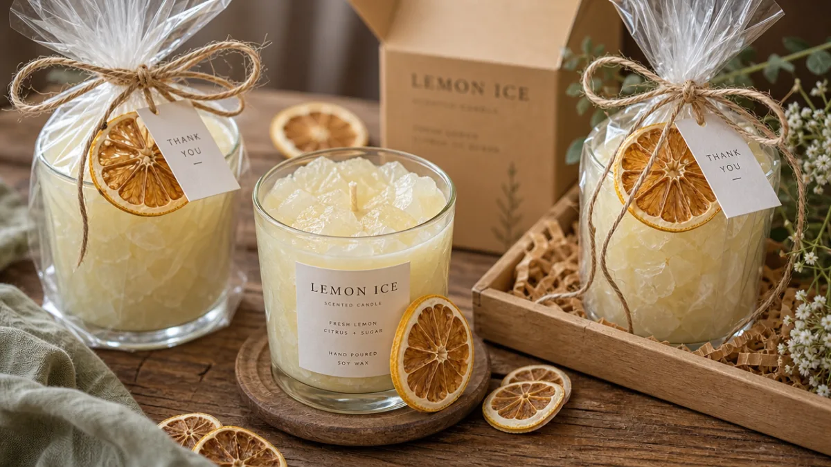 a styled gift presentation of lemon ice candles wrapped with twine and…
