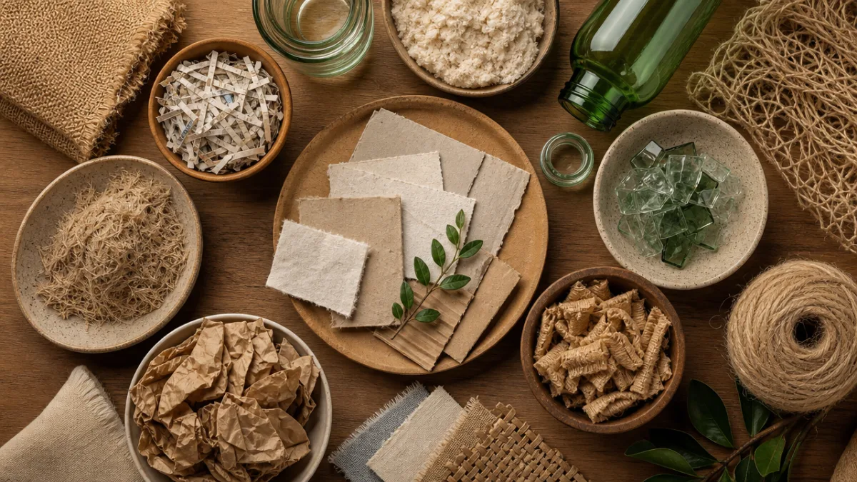 an overhead flat lay of sustainable materials including recycled paper, glass, and…