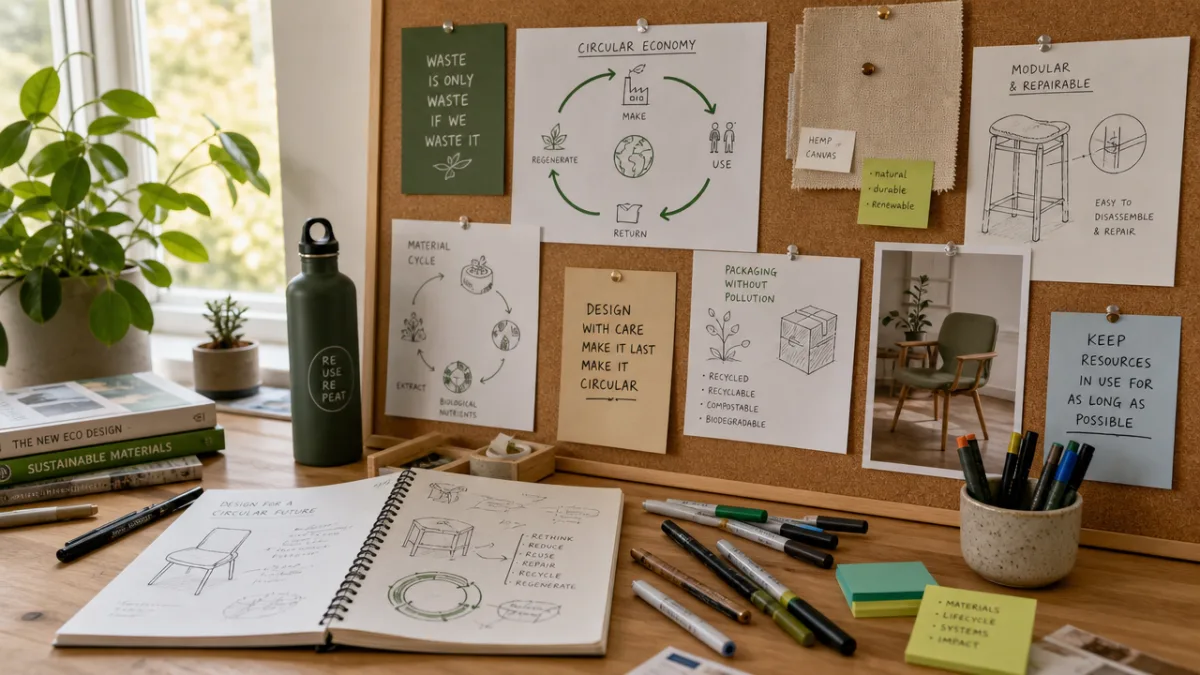 a designer's workspace with circular economy sketches pinned to a corkboard, colored…