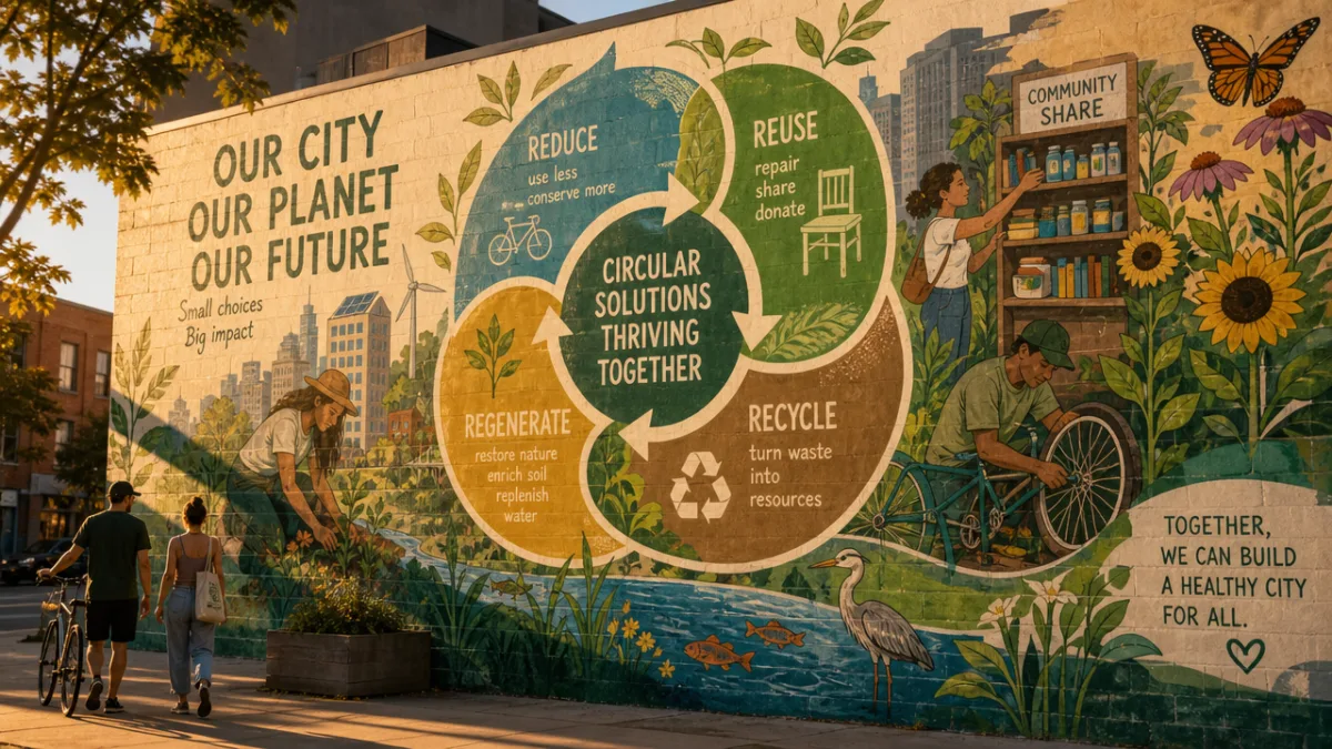 a sustainability-themed public mural on a city wall depicting circular flows and…