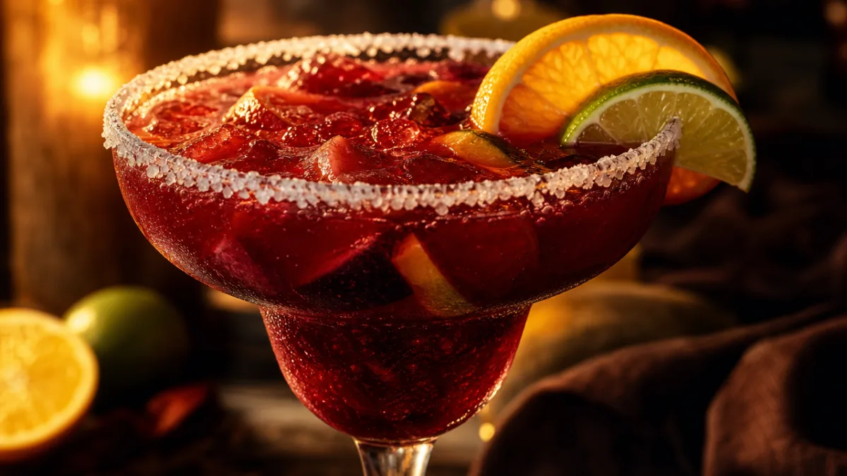 a close-up of a deep red sangria margarita in a salt-rimmed glass…