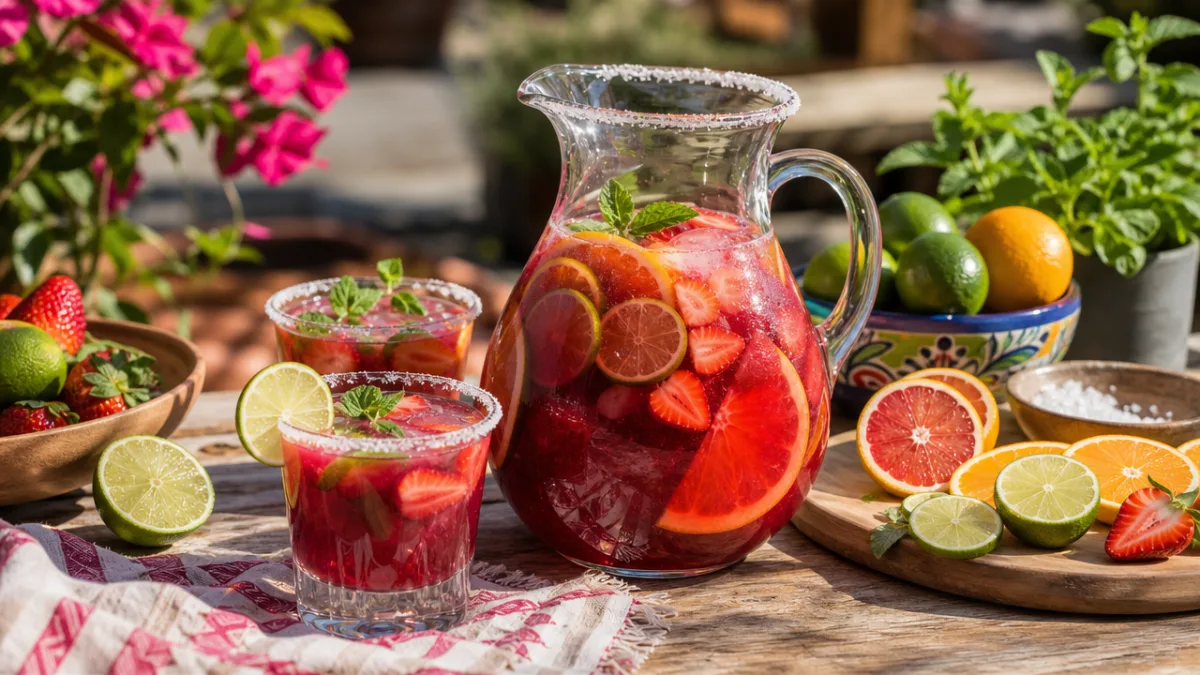 a sunlit outdoor table with a glass pitcher of red sangria margarita…