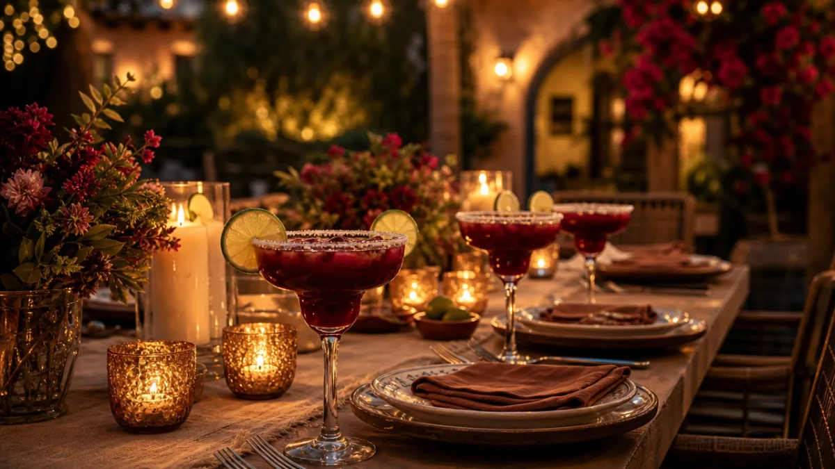 an elegant outdoor dinner party table with margarita glasses filled with deep…