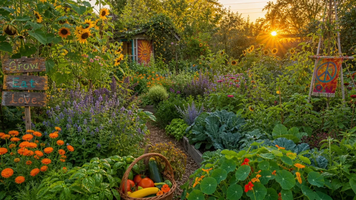 a lush edible hippie garden with vegetables herbs and flowers interplanted, warm…