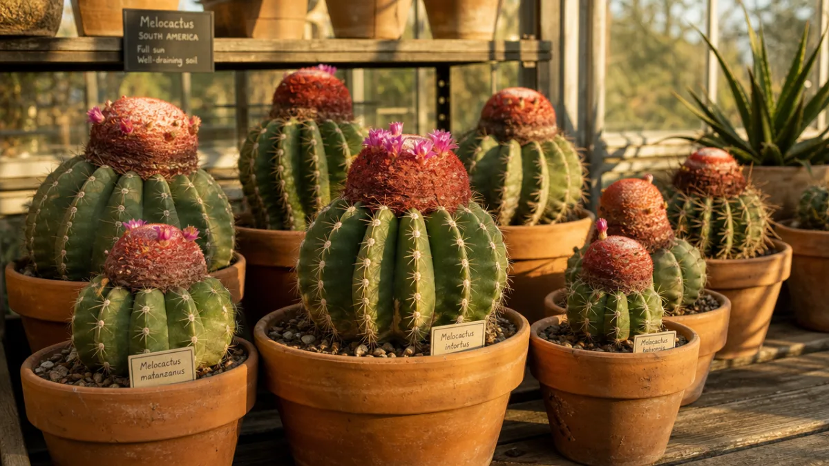 a collection of Melocactus cacti in terracotta pots on a sunlit greenhouse…