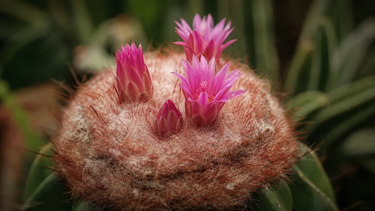 a dramatic macro photograph of Melocactus pink flowers emerging from woolly cephalium,…