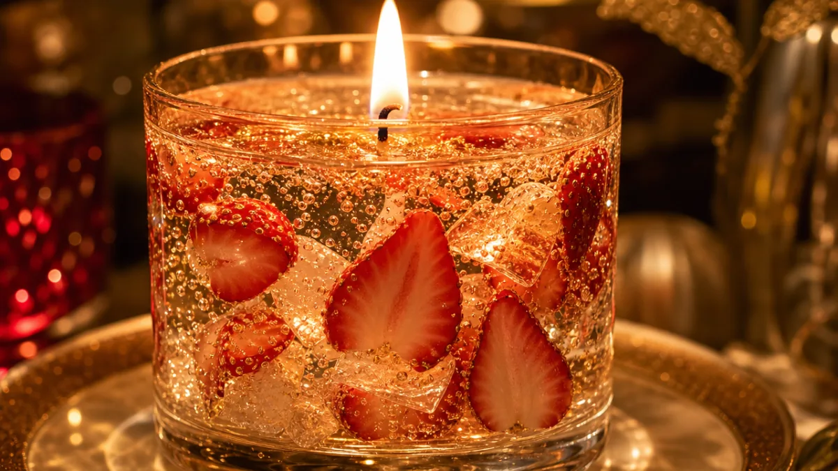 a close-up of a sparkling gel candle with strawberry slices inside, warm…