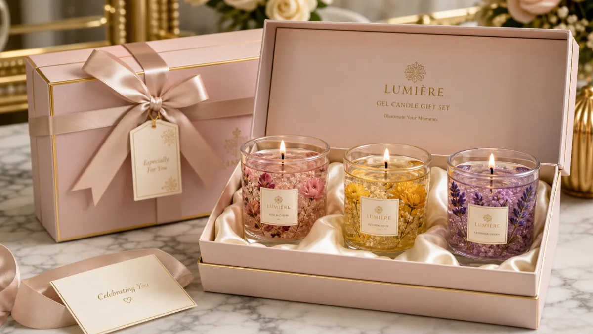 a beautifully packaged gel candle gift set on a marble surface, soft…