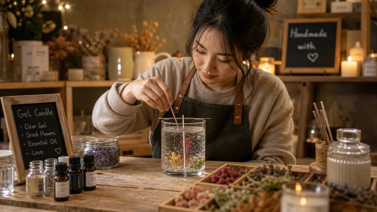 an artisan crafting a gel candle in a cozy workshop, warm ambient…
