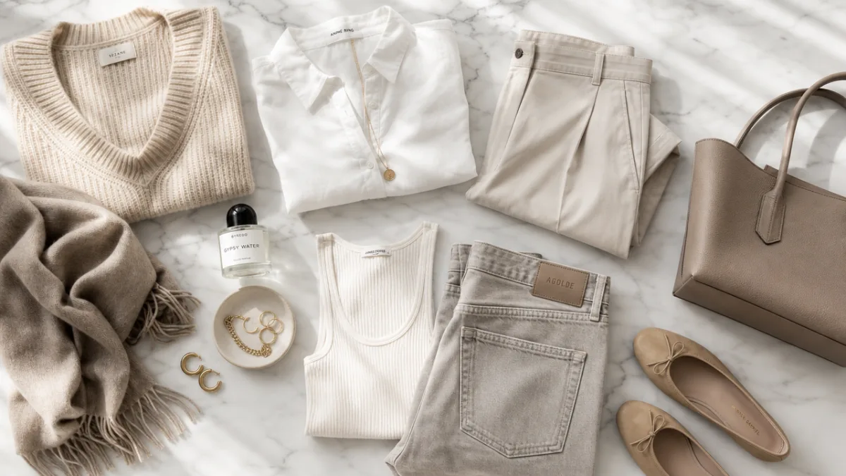 a curated flat lay of neutral clothing pieces, accessories, and fabrics on…