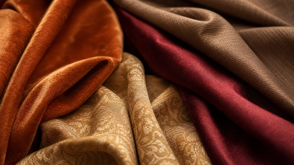 a close-up of luxurious fabric swatches in warm tones draped elegantly, soft…