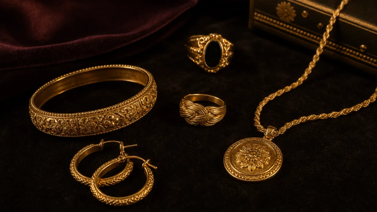 an elegant arrangement of gold jewelry pieces on a dark velvet surface,…