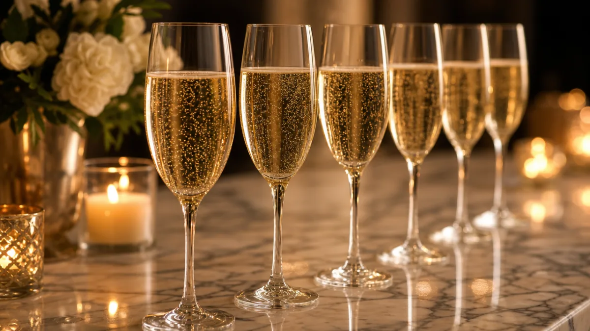 a row of elegant champagne flutes filled with golden bubbling champagne on…