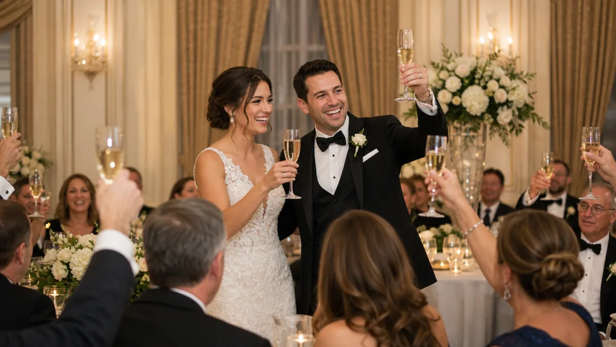 a joyful wedding toast scene with guests raising champagne flutes in a…