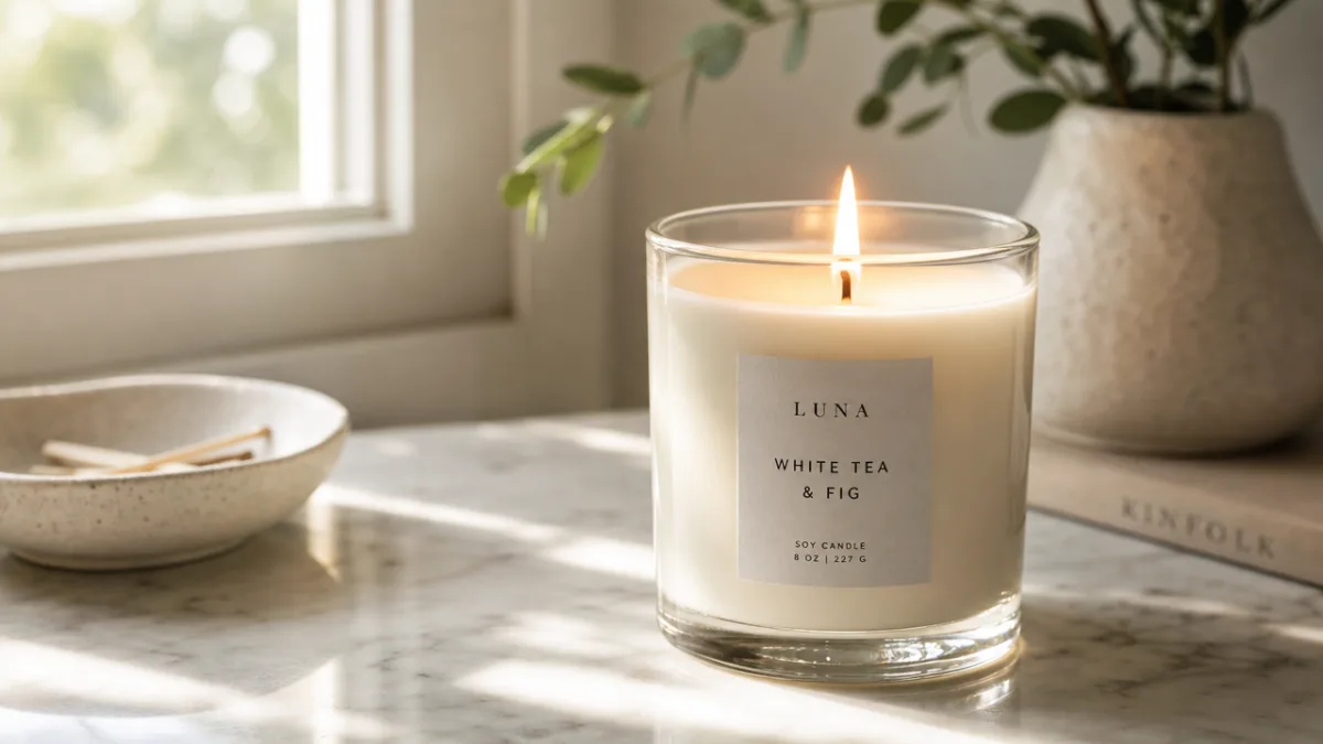 a close-up of a white soy candle burning on a marble surface,…