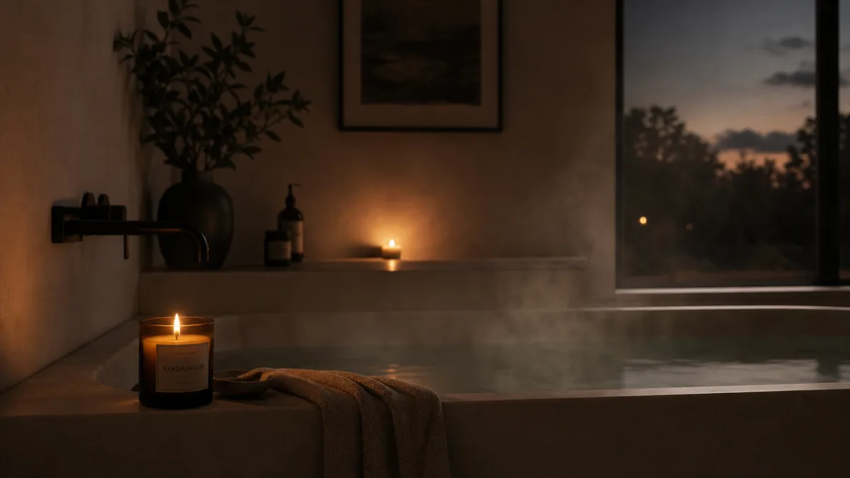 a minimalist bathroom spa setup with a lit candle on the edge…