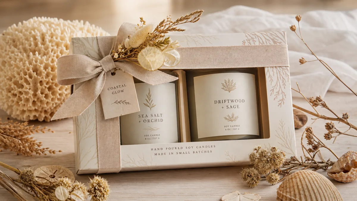 a beautifully wrapped soy candle gift set on a light wooden table,…